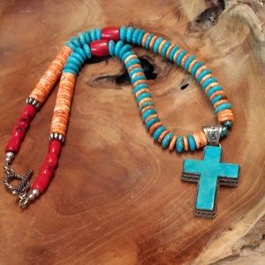 New 925 SS Southwestern Turquoise, Coral Necklace